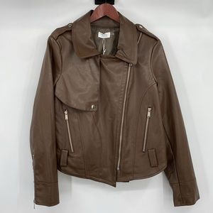 BluIvy Vegan Leather Biker Jacket Womens Size Large Brown Long Sleeves Zip Moto